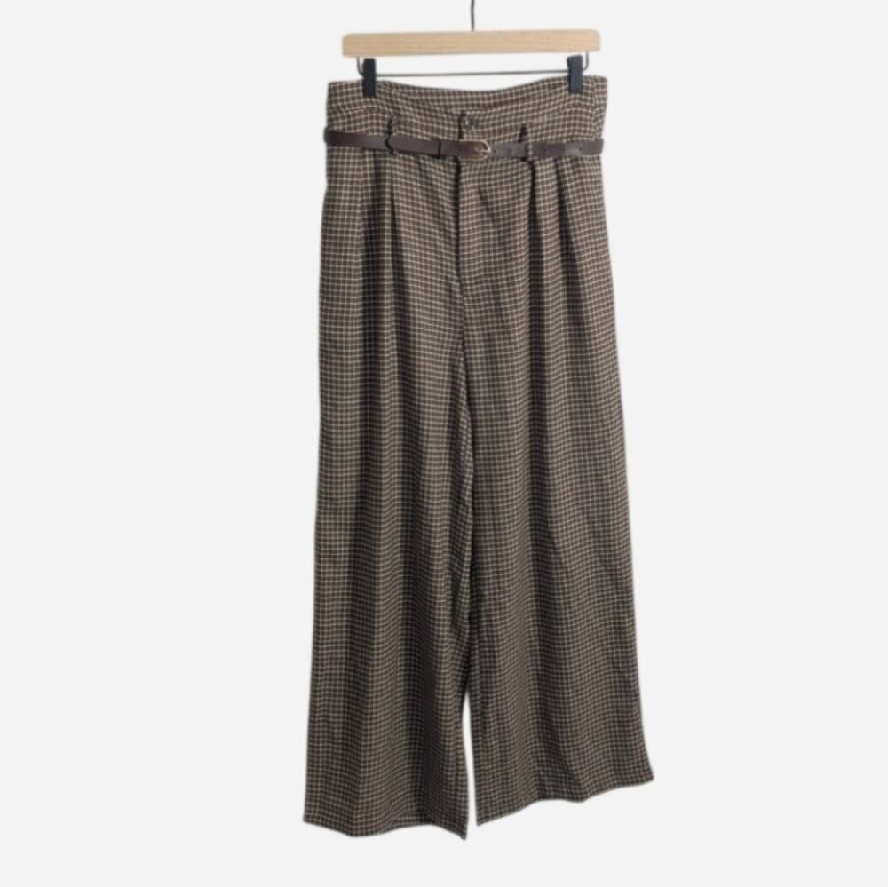 NWT Cider Brown Houndstooth Wide Leg Trouser Pants Size Large Academia Office